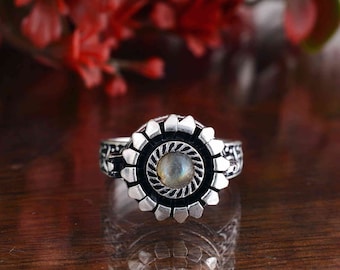 Labradorite Poison Ring Silver, Sunflower Locket Ring, Boho Secret Compartment Ring, Iridescent Gemstone Jewelry,Hidden Storage Gift for Her