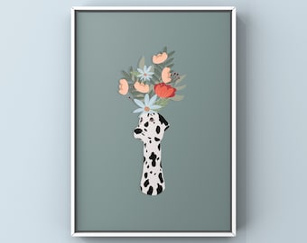 Dalmatian Vase Arrangement Illustration | Floral Illustrated Art Print | A4 High Quality Print | Gallery Wall Dog Colourful Poster Pet