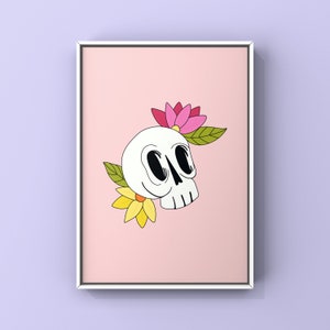 Floral Skull Illustration Halloween Illustrated Art Print High Quality Print Autumn Fall Scary Colourful Poster Gift Pastels Gothic 21 x 29.7 (A4) cm