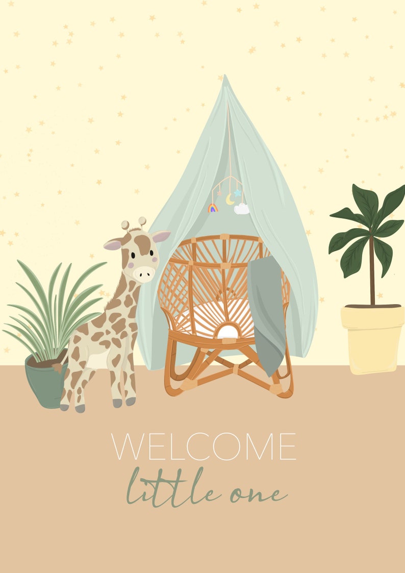 Welcome Little One New Baby Card Illustrated Greeting Card A5 High Quality Card Colourful Nursery Giraffe Boho Neutral Babys Room image 3