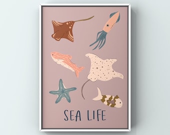 Colourful Sea life Illustration | Fish Illustrated Art Poster | High Quality Print | Underwater Sea Stingray Ray Squid Coastal Starfish