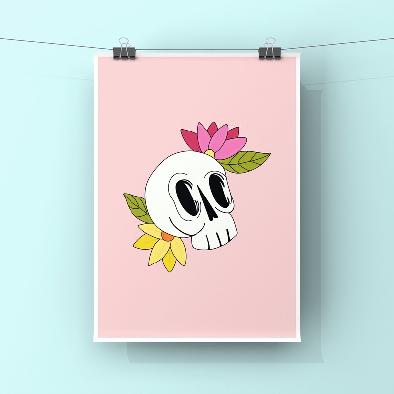 Floral Skull Illustration Halloween Illustrated Art Print High Quality Print Autumn Fall Scary Colourful Poster Gift Pastels Gothic 14.8 x 21 (A5) cm