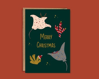 A Sea Life Christmas | Illustrated Greeting Card | A5 High Quality Card | Colourful Fish Inspired Christmas Card Sting Rays Coral Santa