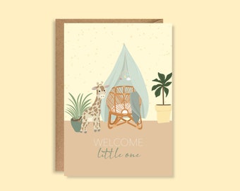 Welcome Little One New Baby Card | Illustrated Greeting Card | A5 High Quality Card | Colourful Nursery Giraffe Boho Neutral Baby’s Room