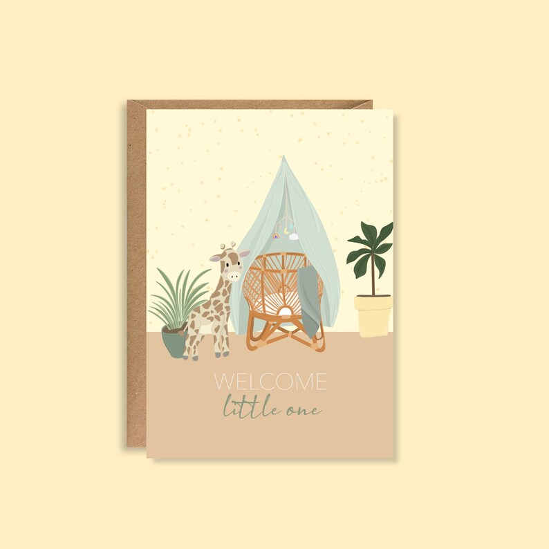 Welcome Little One New Baby Card Illustrated Greeting Card A5 High Quality Card Colourful Nursery Giraffe Boho Neutral Babys Room image 1