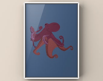 Octopus Illustration | Animal Inspired Illustrated Art Print | A4 High Quality Print | Underwater Sea Colourful Poster Gift