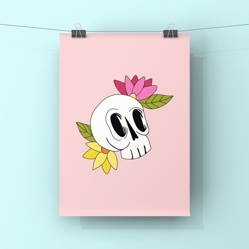 Floral Skull Illustration Halloween Illustrated Art Print High Quality Print Autumn Fall Scary Colourful Poster Gift Pastels Gothic image 4