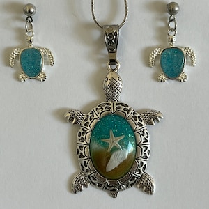 Ocean Resin Turtle Pendant and Earrings