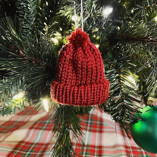 Knit Hat Ornament, Knit Ornament Christmas, Christmas Ornaments Handmade Yarn, Knitter Gift Set, Gift for Knitter, Knitting Ornament