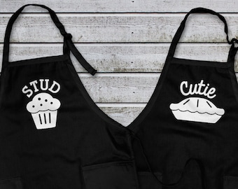 Matching Apron Set - stud muffin and cutie pie, funny couples aprons, funny gift for bakers, mothers day, kitchen mother and son present