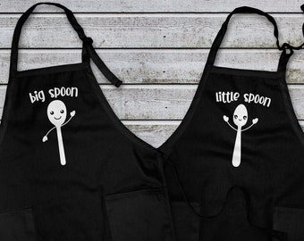 Funny Couple Aprons - big spoon little spoon, matching aprons for couples, honeymoon gift, anniversary gift, his and hers, cooking, baking