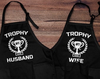 Funny Gift for Couples Apron - trophy husband & trophy wife aprons, matching set, gifts for chefs, gift for mothers day, gifts for newlyweds