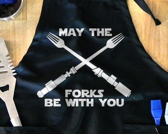 May The Forks Be With You Apron - Funny Grilling Apron For Men, BBQ Apron For Dad, For Fathers Day, Fantasy Barbecue gift, Sci-Fi Fan, Nerd