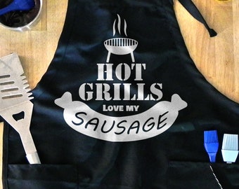 Funny Mens Grilling Aprons - BBQ Apron For Men, Hot Grills Love My Sausage, Barbecue Gift, Fathers Day Gift, Apron For Dad, Barbeque, Papa