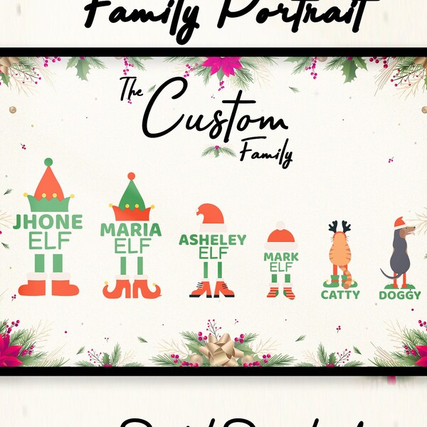 Custom Elf Family With Pets for Christmas, Custom Family Portrait Decor Sign, Christmas Printable Wall Art Personalized Christmas Elf Gifts