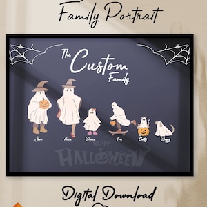 Halloween Family Ghost Portrait, Personalized Family Print,Halloween Printable Wall Art, Custom Family Art with Pets,Custom Halloween Family
