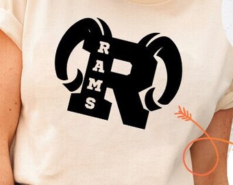 May include: A white t-shirt with a black graphic of a ram's head with the word "RAMS" inside the horns. There is a separate black graphic of the number "44" and a black graphic of the ram's head with the word "RAMS" inside the horns. The text "digital download SVG PNG" is also included in the image.