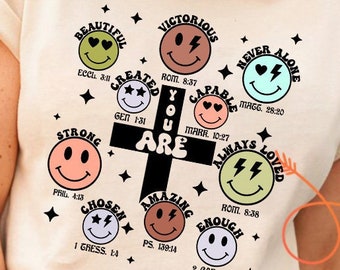 Sie sind Bibelvers mit Kreuz SVG png, christliches Sublimationsdesign, Retro-Smiley-Gesicht png, inspirierend, religiöses Design, Motivation png