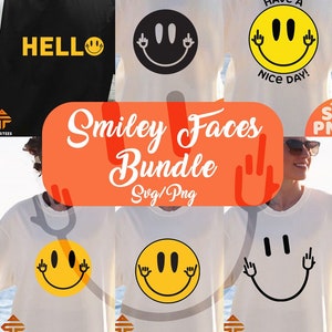 May include: A collection of t-shirts featuring smiley face designs. The shirts display various expressions, including a black smiley face with raised middle fingers, a yellow smiley face with the text "Have a Nice Day!", and a black shirt with the word "HELLO" and a smiley face.