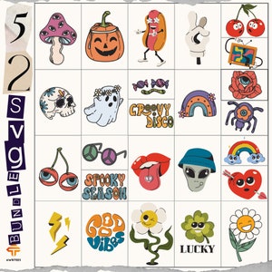 May include: A sheet of 52 colorful stickers with various designs, including a ghost, a rainbow, a hot dog, a mushroom, a skull, a cherry, a heart, a flower, a lightning bolt, a peace sign, and more. The stickers are perfect for adding a touch of whimsy to your journals, laptops, water bottles, and other belongings.