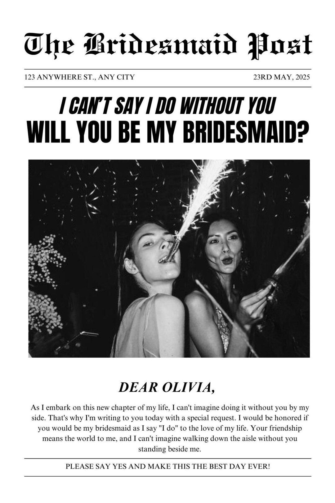 Newspaper Bridesmaid Proposal Card Template, Editable Bridesmaid ...