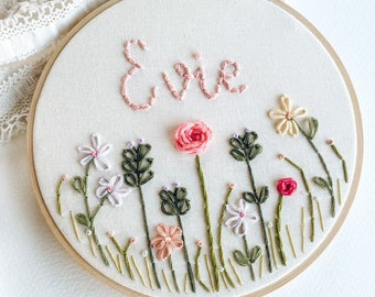 Personalised Floral Embroidery Hoop – Custom Name Hoop Art, Hand Embroidered Nursery Decor, Baby Shower or Birth Announcement Gift