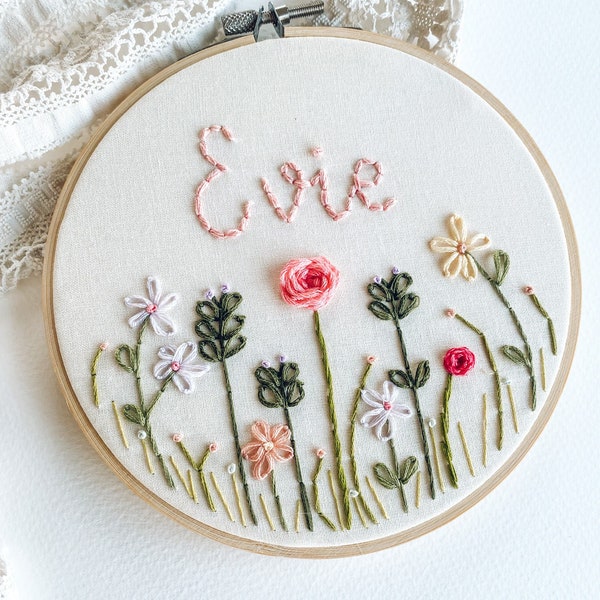 Custom Name Embroidery Hoop- Floral Embroidery Hoop- Nursery Decor- Modern Embroidery