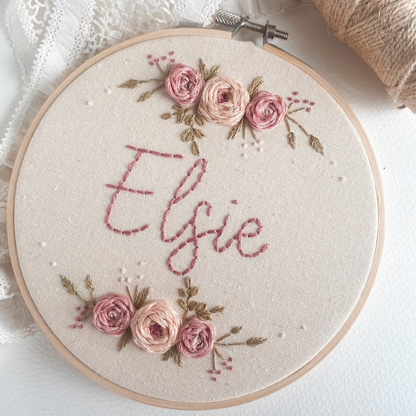 Custom Name Floral Embroidery Hoop- Modern Embroidery- Nursery Decor- 7 inch Embroidery Hoop