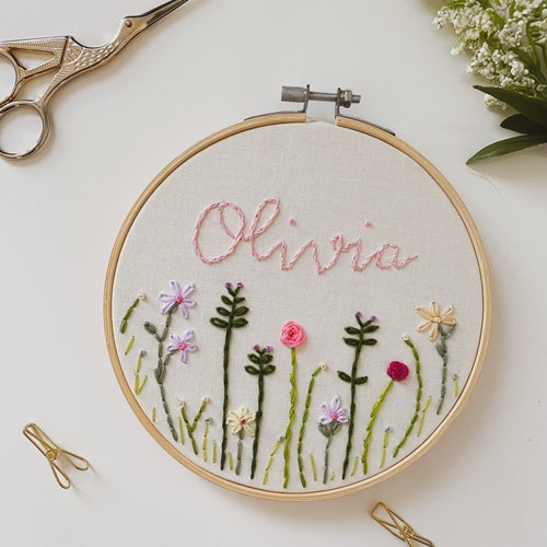Custom Name Embroidery Hoop Floral Embroidery Hoop Nursery Etsy