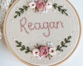 Personalised Floral Embroidery Hoop – Custom Name Hoop Art, Hand Embroidered Nursery Decor, Baby Shower or Birth Announcement Gift