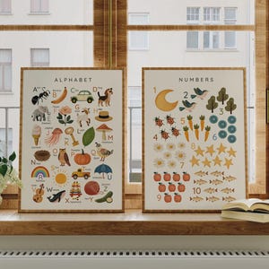 Pósteres de alfabeto y números, decoración educativa para guardería, arte mural imprimible digital para niños pequeños en casa.