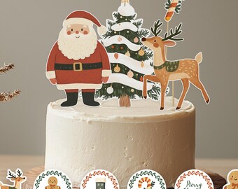 Christmas Cupcake Toppers and Gift Tags, Printable Christmas Party Decorations, Santa and Christmas Tree