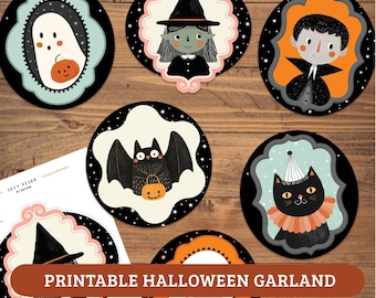 May include: A set of circular Halloween-themed paper cutouts featuring illustrations of a ghost, a witch, a vampire, a bat, a cat, and a skeleton, all framed in decorative borders. The text PRINTABLE HALLOWEEN GARLAND is displayed prominently.