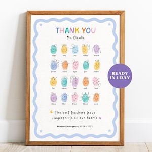 May include: A framed print featuring the text THANK YOU Ms. Claudia, followed by twenty colourful fingerprint illustrations with hand-drawn faces and names. Below, the text reads The best teachers leave fingerprints on our hearts, Rainbow Kindergarten, 2024-2025.