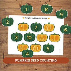 Puede incluir: Una hoja de actividades Pumpkin Seed Counting Activity con ilustraciones de calabazas verde oscuro numeradas del uno al diez, junto a calabazas cortadas por la mitad que muestran semillas. Incluye el texto Pumpkin Seed Counting Activity.