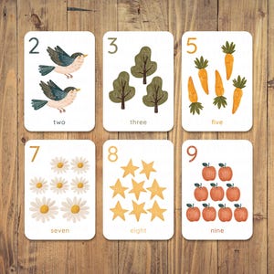 Flashcards de números Montessori 1-10 – Cartões de matemática pré-escolares para impressão com ilustrações fofas – Download digital para crianças pequenas e educação domiciliar