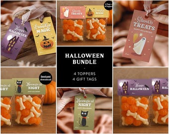 Etiquetas y adornos imprimibles para bolsas de dulces de Halloween – Recuerdos de fiesta de Halloween para niños – Descarga digital