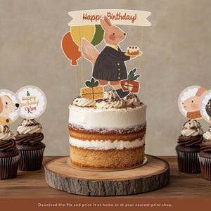Adornos para tartas de animales editables – Decoración imprimible para fiestas de cumpleaños – Decoraciones para tartas y cupcakes DIY – Temática de gatos, perros y conejos adorables