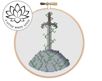 May include: A cross stitch pattern of a sword in a stone, with vines growing around the sword. The pattern is labeled "Easy" and is compatible with Pattern Keeper software.