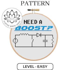 Könnte beinhalten: Kreuzstichmuster für eine Leiterplatte mit dem Text "Need a Boost?" in Blau. Das Muster ist mit "Level - Easy" gekennzeichnet und mit der Pattern Keeper Software kompatibel.