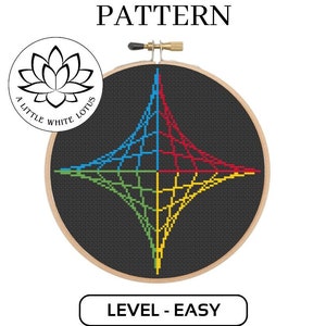 May include: Cross stitch pattern for a geometric design with a black background and colorful lines. The pattern is in a hoop and labeled "Level - Easy".