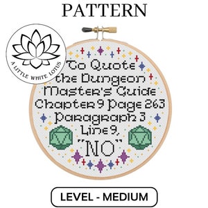 Può includere: Uno schema di punto croce per un cerchio da ricamo rotondo con il testo "To Quote the Dungeon Master's Guide Chapter 9 Page 263 Paragraph 3 Line 9, "NO"". Lo schema è etichettato come "Livello - Medio".