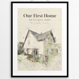 May include: A watercolor illustration of a house with the text "Our First Home" above it. The address "102 Ivy Mead, Derry" and the text "The Cassidy Family" are also included.