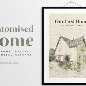 May include: A watercolor illustration of a house with the text "Our First Home" above it. The address "102 Ivy Head, Derry" and the text "The Lassidy Family" are also included. The illustration is framed in a black frame.