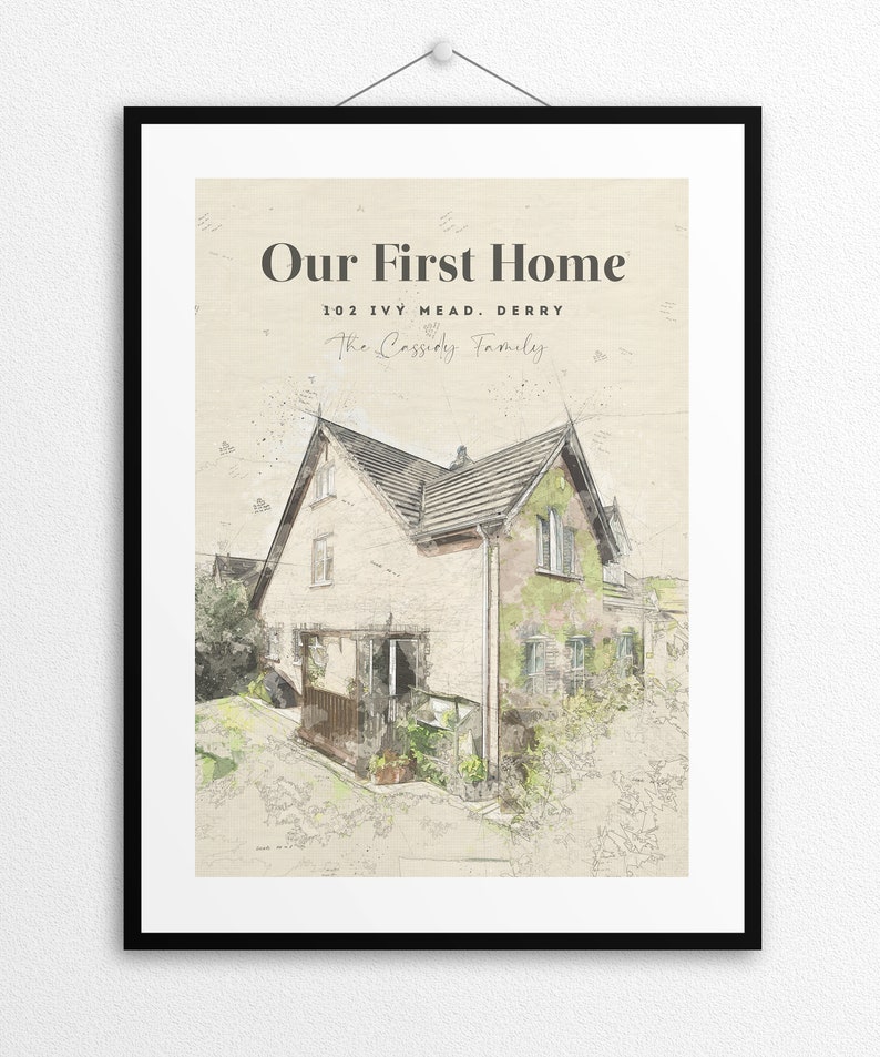 May include: A watercolor illustration of a house with the text "Our First Home" above it. The address "102 Ivy Mead, Derry" and the text "The Cassidy Family" are also included.