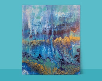 Pintura acrílica vertida sobre lienzo, arte abstracto azul dorado (16x20)