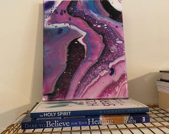 Vibrant Acrylic Pour Painting, Magenta, Blue, Black, 8x10 in.