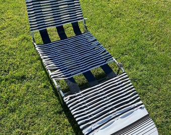 Vintage Reclining Vinyl Tube Lawn Chair: Aluminum Frame Beach Lounger