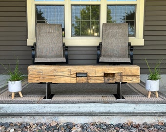 1900’s Hand Made Hand Hewn / Circle Sawn Barn Beam Bench / Antique Vintage Farmhouse Meets Modern Steel Industrial