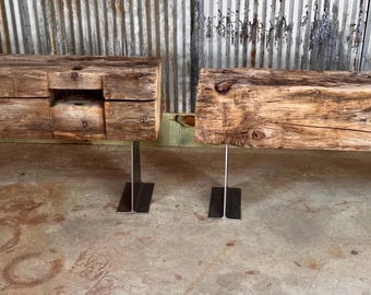 Antique Hand Hewn Barn Beam Benches, Farmhouse Industrial Steel Legs